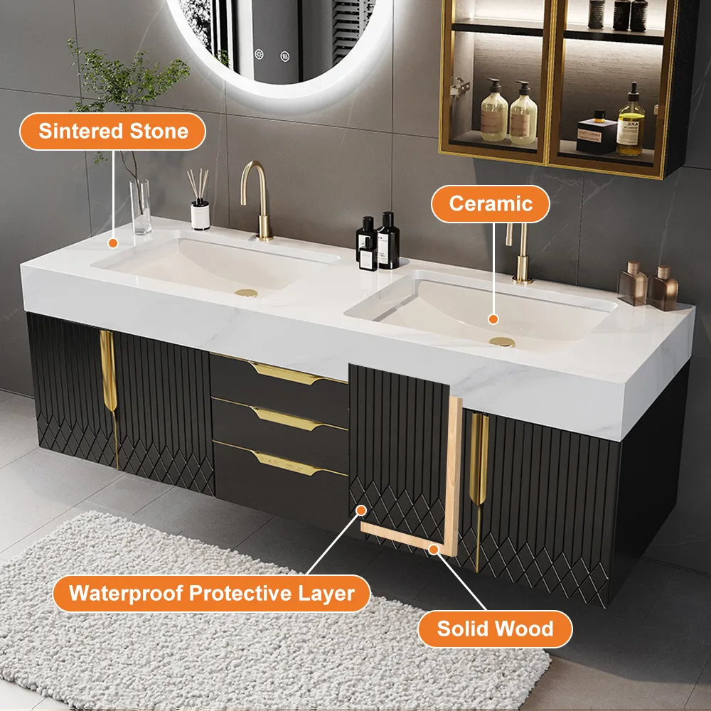 59" Wall Mounted Bathroom Vanity Faux Marble Top with Double Sink — image 22