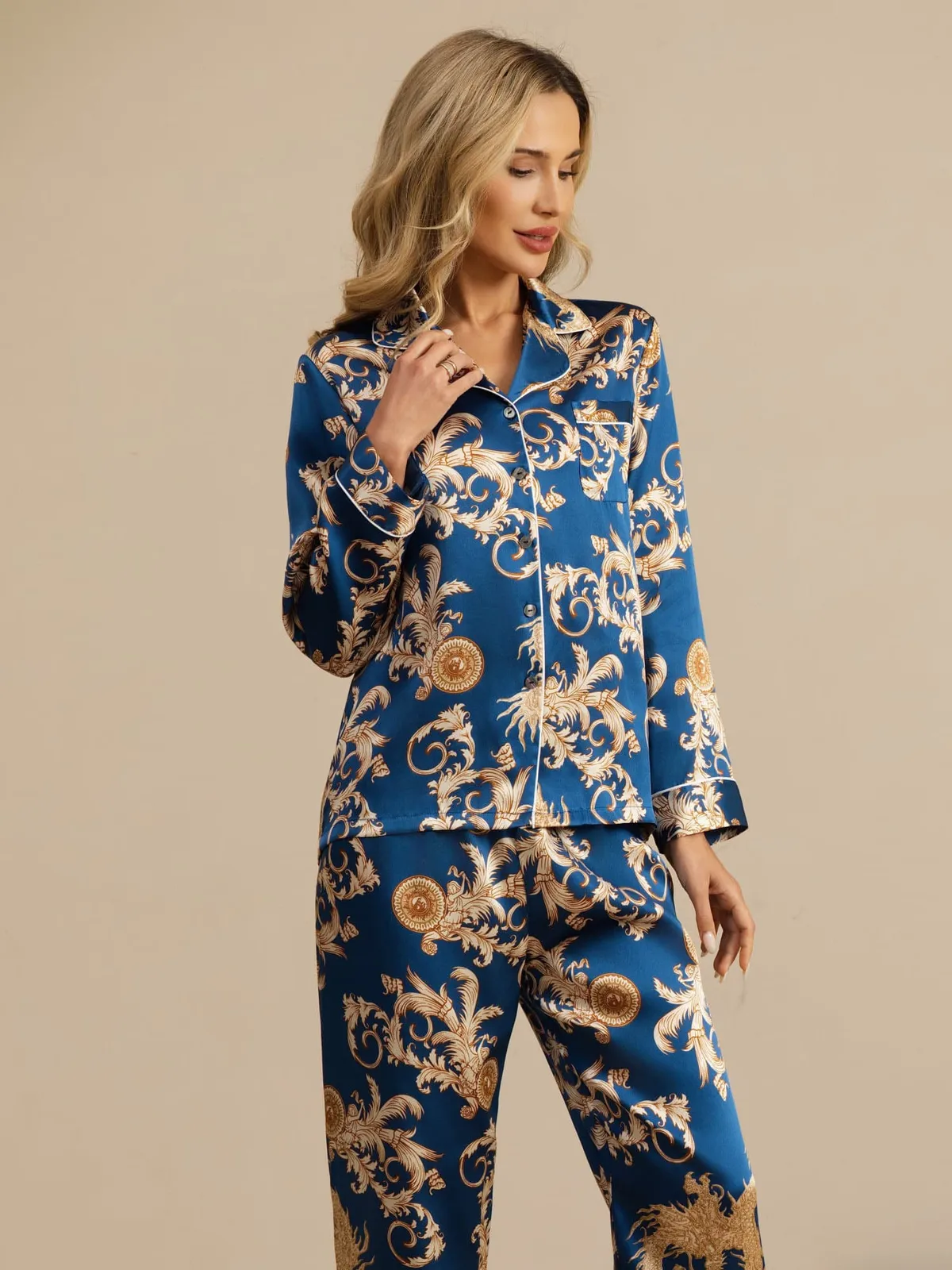 100% Mulberry Silk Dragon Print Long Sleeve Notch Collar Women's Pajamas Set With Pants — image 5