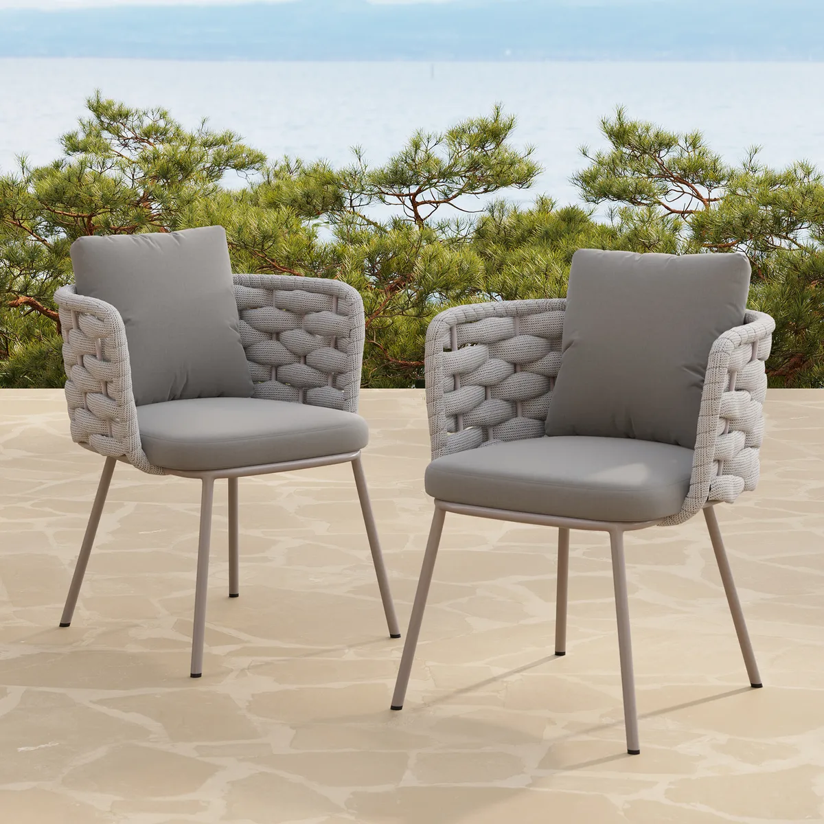 7 PCS 70.9'' Outdoor Sintered St Top Dining Table Set with 6 Rope Woven Armchairs Modern Yard & Patio Dining Furniture Set for 6 Person with Armchairs — image 6