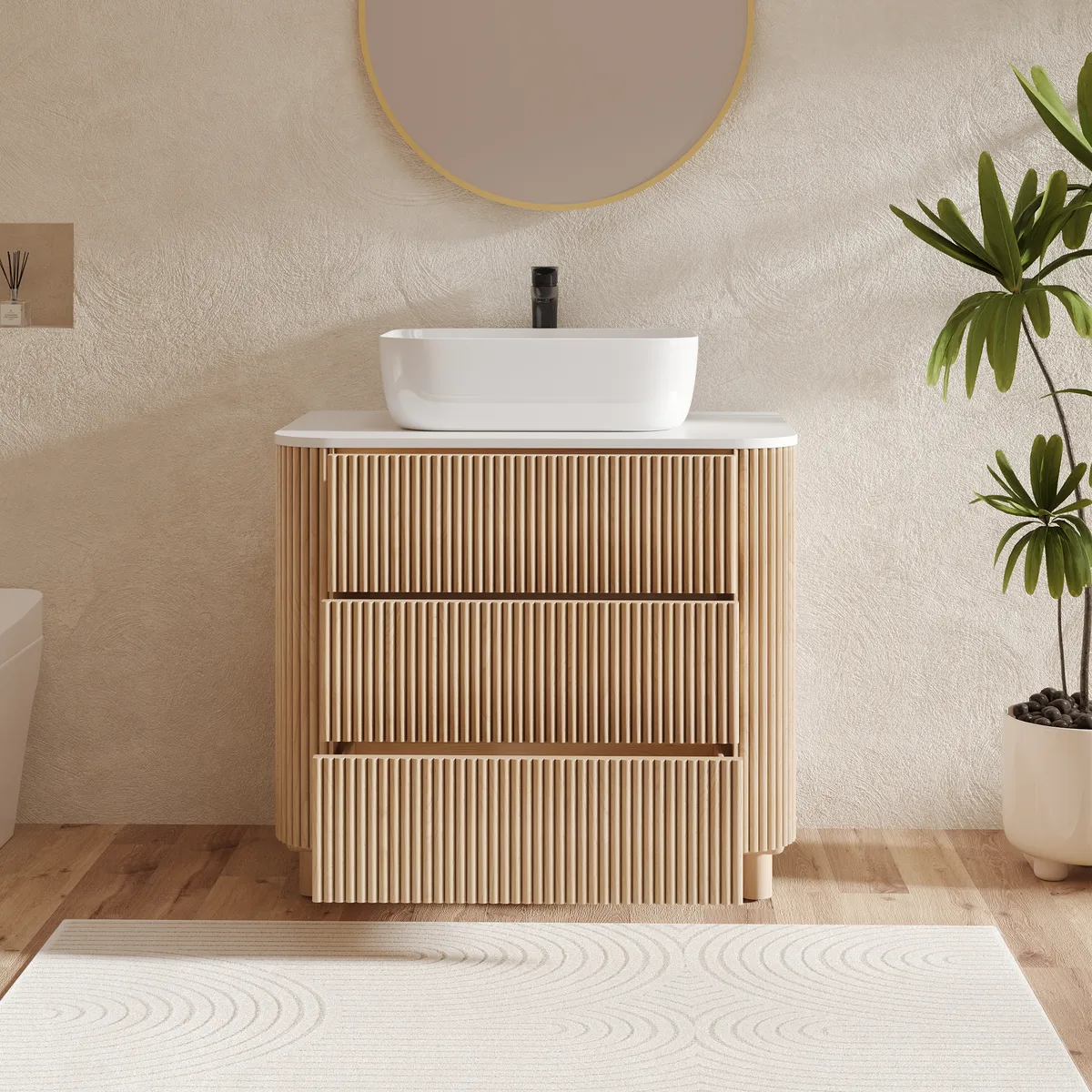 32" Fluted Freestanding Bathroom Vanity with Vessel Sink, 3-Drawers, Sintered Stone top — image 4