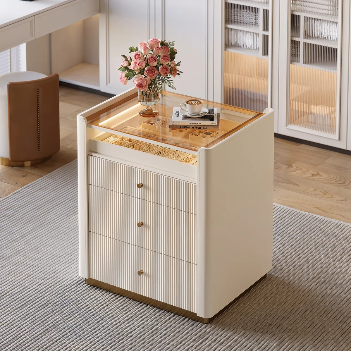 Modern Fluted Leather Closet Island 7 Drawer Dresser with Light & Jewelry Storage — image 2