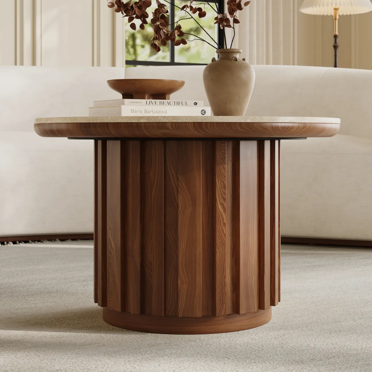 Aura Ash Wood Slatted Round Coffee Table with Sintered Stone Top — image 13