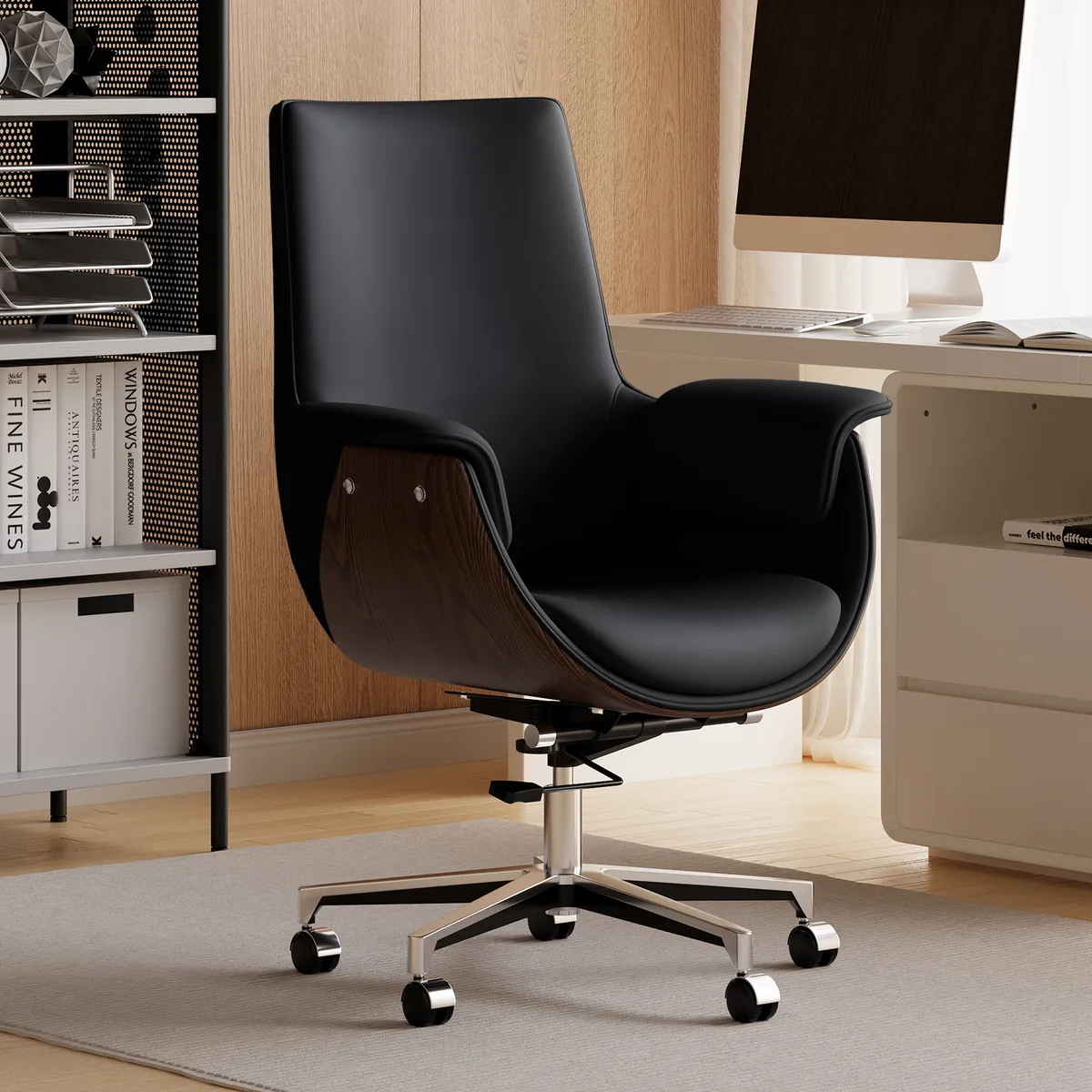 White Double Desk with Drawers & 2 Ivory PU Leather Modern Home Office Chairs — image 6