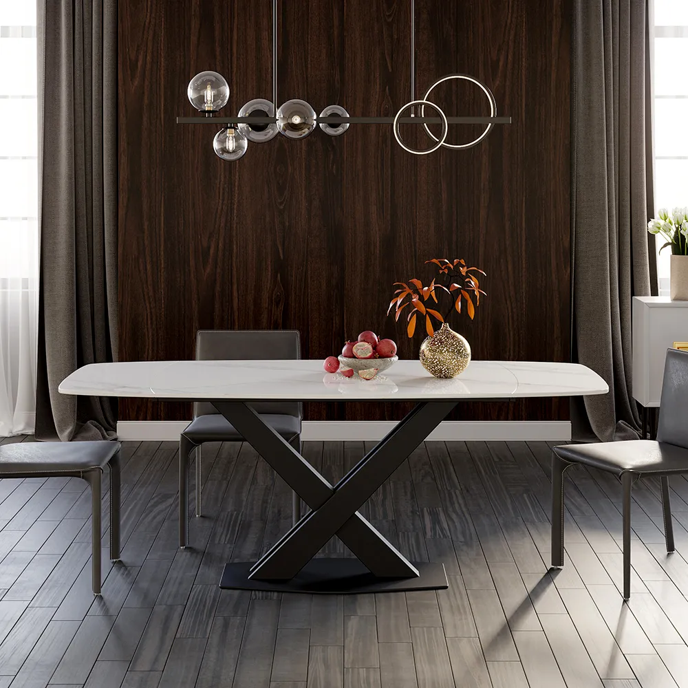 71" Extendable Dining Table Faux Marble Top with Leaf X-Base for 6 Person Modern White Expandable Table — image 2
