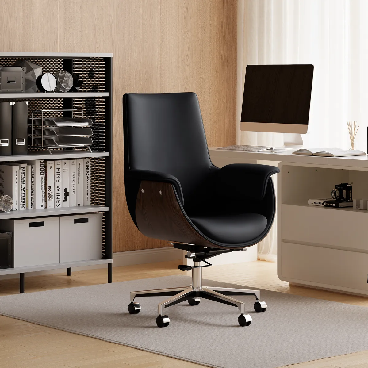 Black Leather Modern Home Office Chair Upholstered High Back Desk Chair Wood Grain Frame — image 7