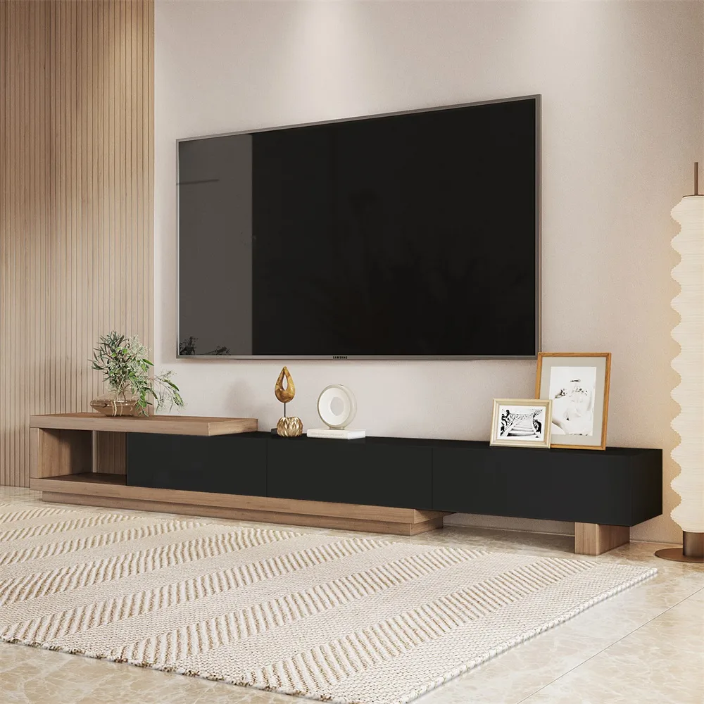 Quoint 100.4" Modern TV Stand Retracted & Extendable 3-Drawer Light Media Console — image 12