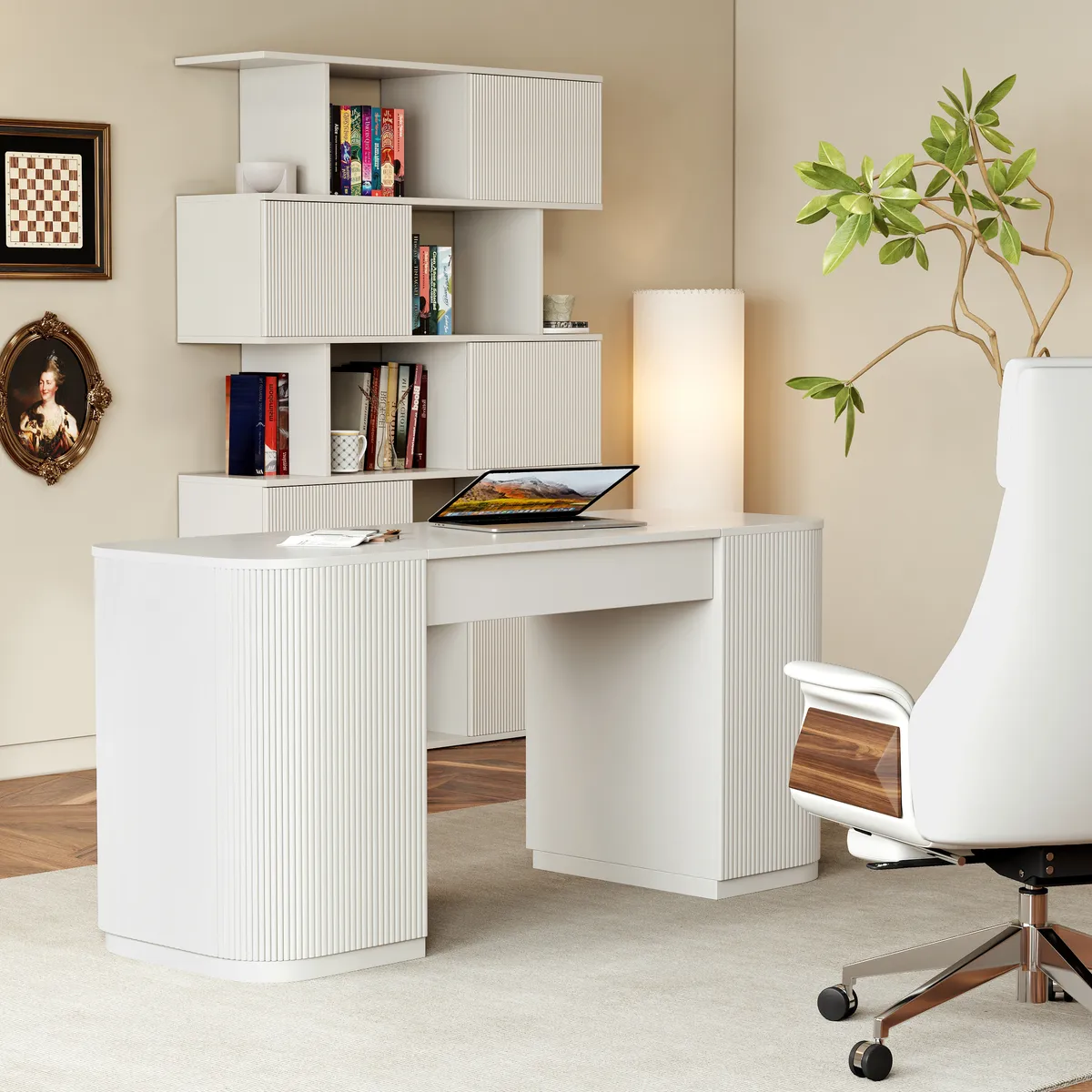 Modern 60" Black Standing Office Desk & Sliding Door Etagere Bookshelf — image 22