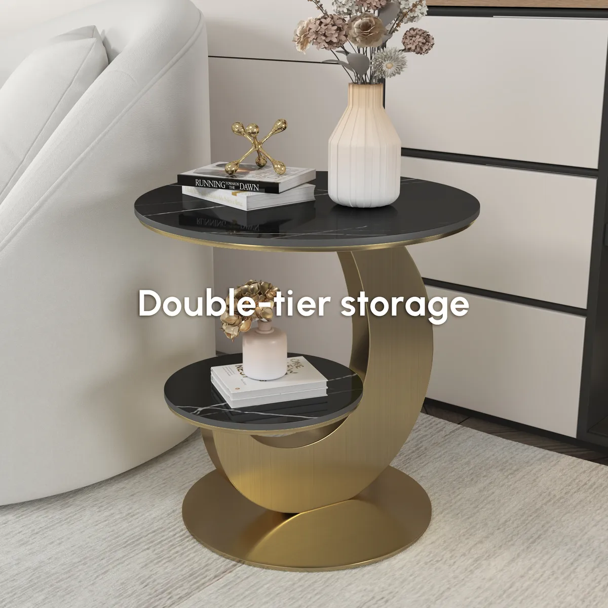 Round Faux Marble 2 Tier End Table Modern White & Gold Side Table — image 7
