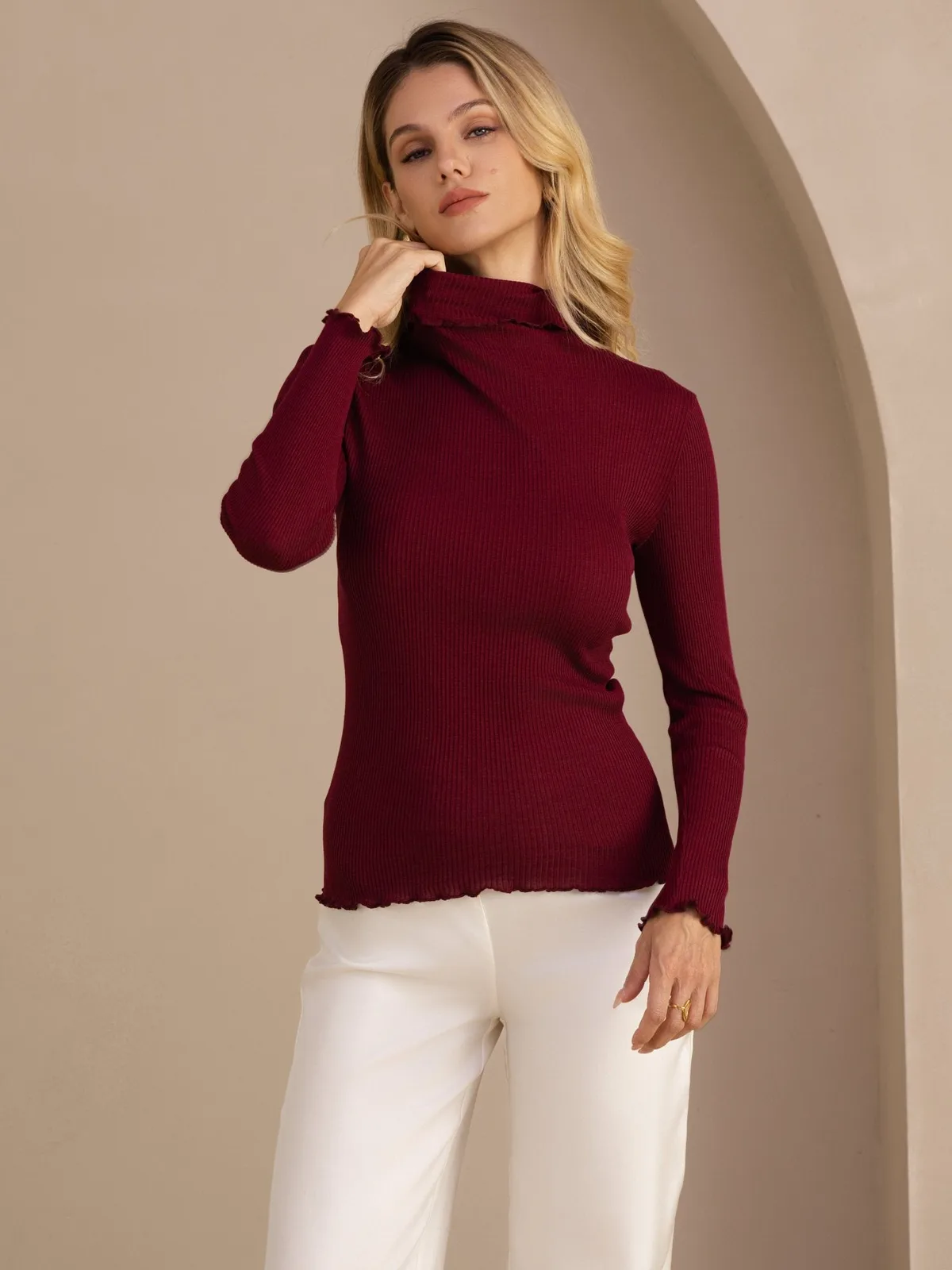 Silk-Cotton Women's Basic Turtle Neck Long Sleeve Top — image 4