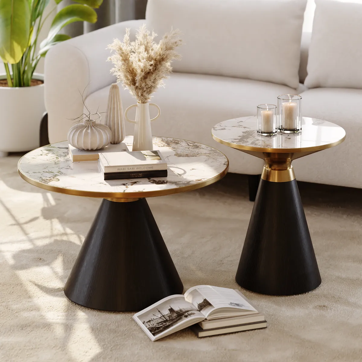 Sintered Stone Round Coffee Table Modern Black Living Room Furniture — image 4