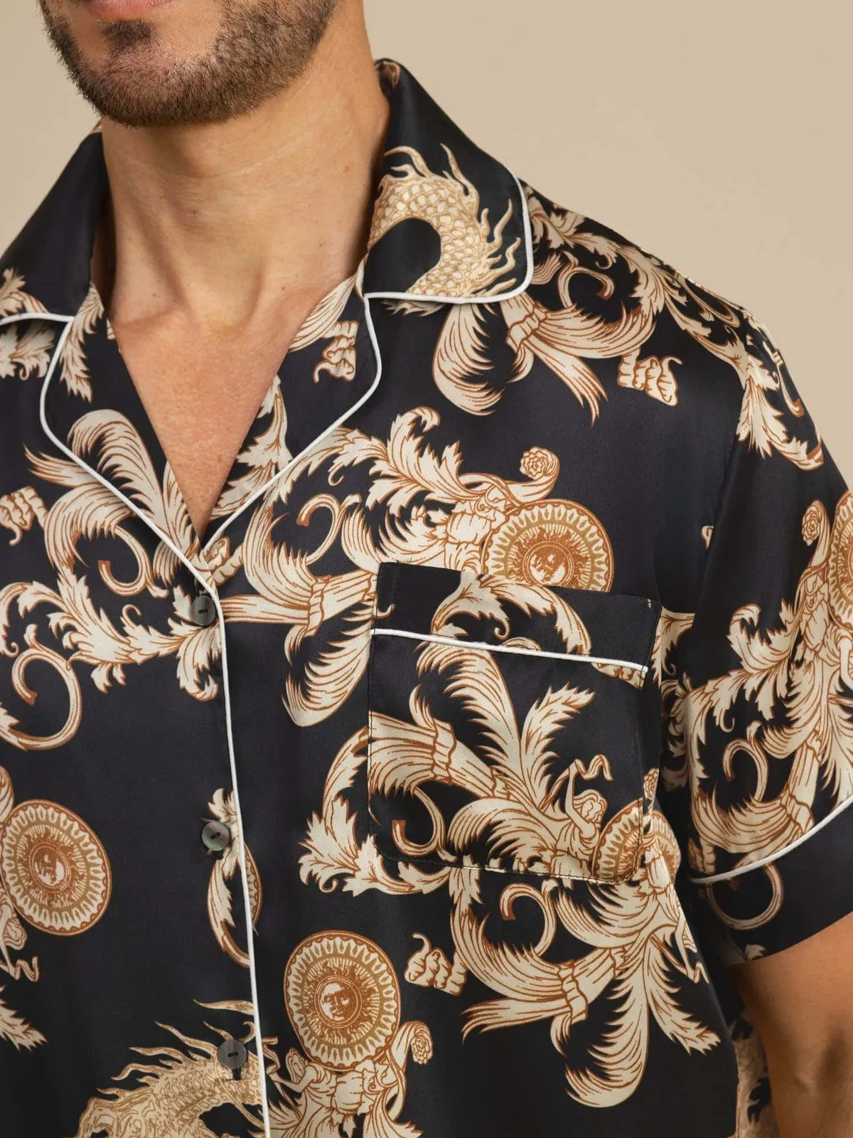 100% Mulberry Silk Men's Dragon Print Short Sleeve Lapel Collar Pajamas Set — image 5