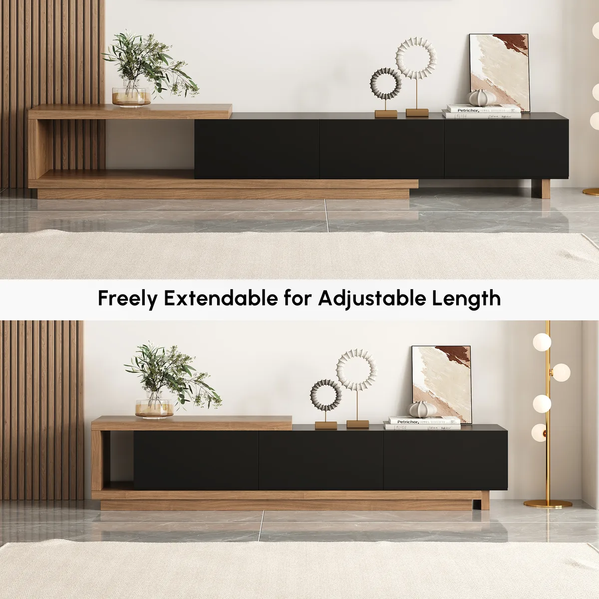 Quoint 100.4" Modern TV Stand Retracted & Extendable 3-Drawer Light Media Console — image 19