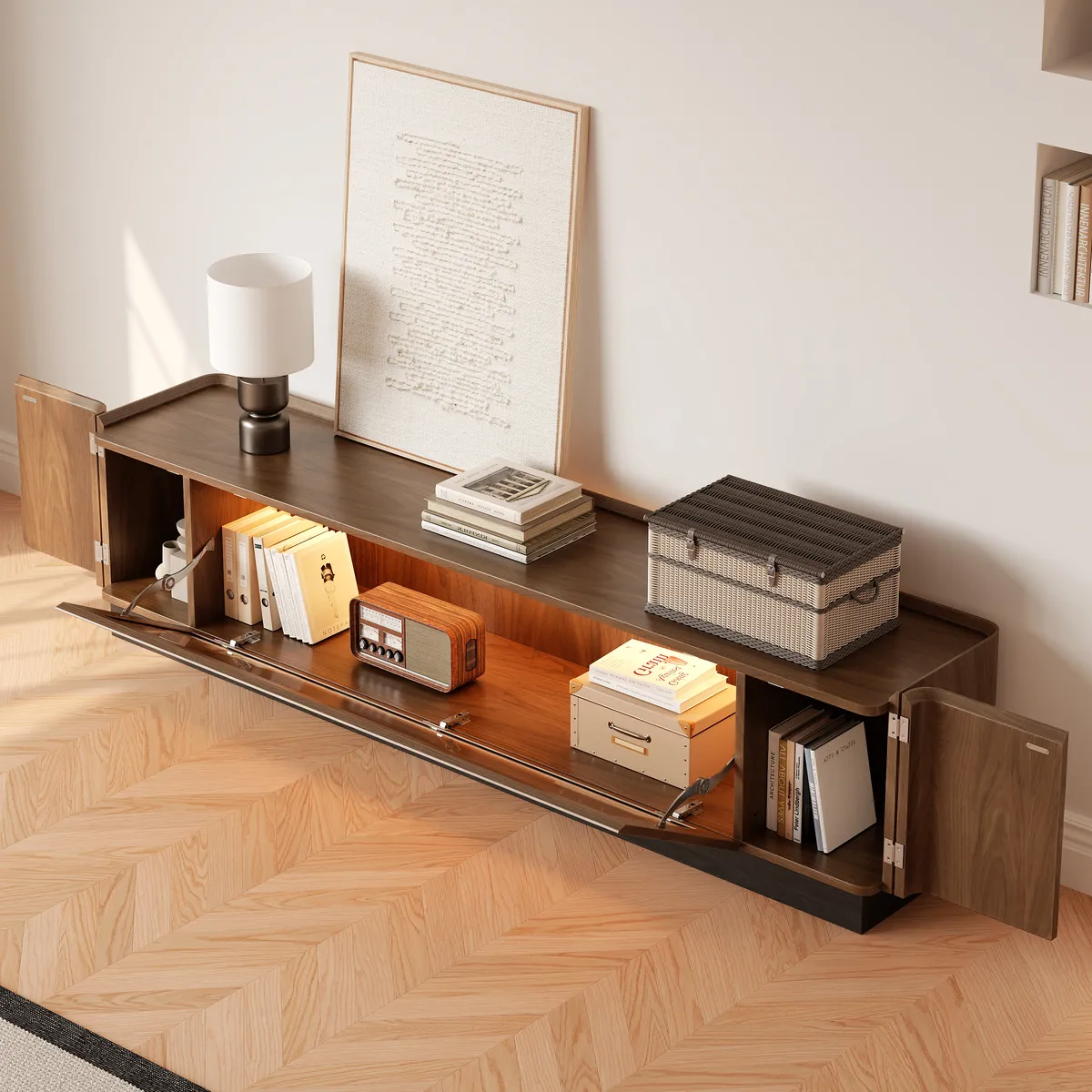 79'' Glass Door TV Stand Mid Century Modern Wood Media Console with Storage & LED — image 24
