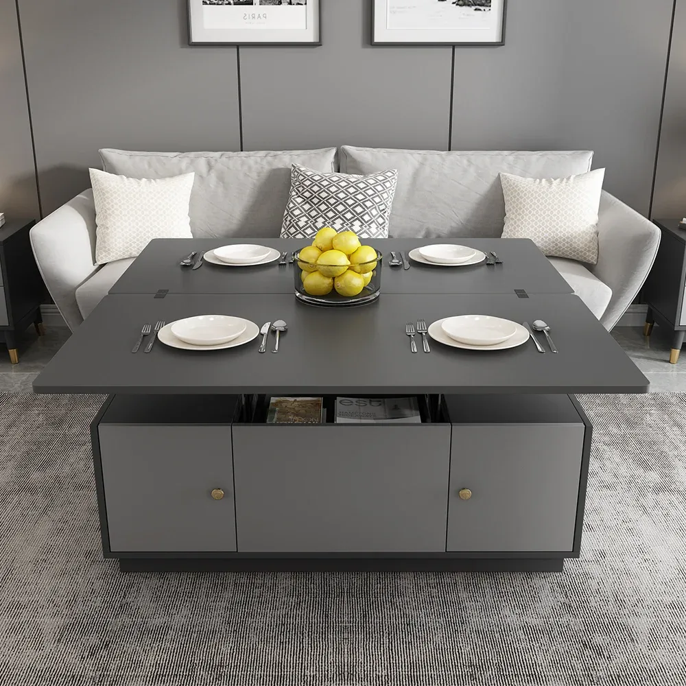 Set of 2 Gray Extendable 3 Drawers TV Stand & Lift-Top Coffee Table Set Up — image 2