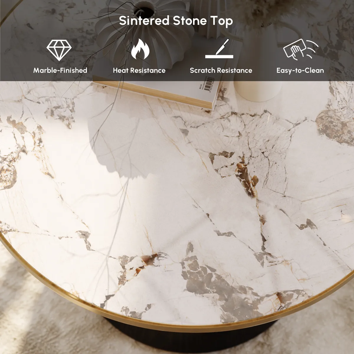 Sintered Stone Round Coffee Table Modern Black Living Room Furniture — image 24
