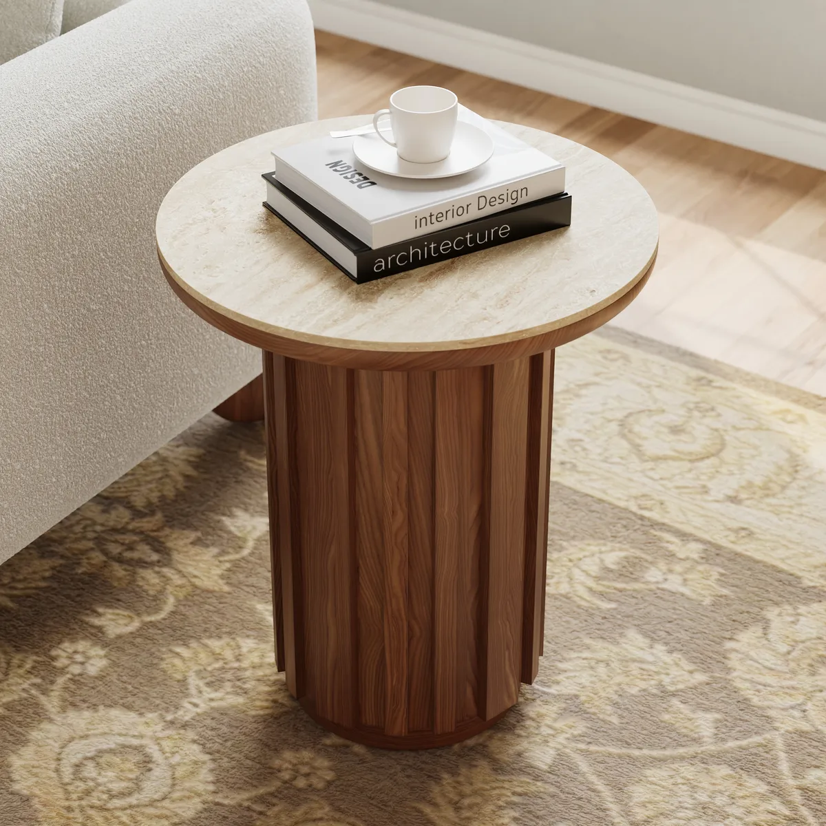 Aura Ash Wood Fluted Round Side Table with Sintered Stone Top