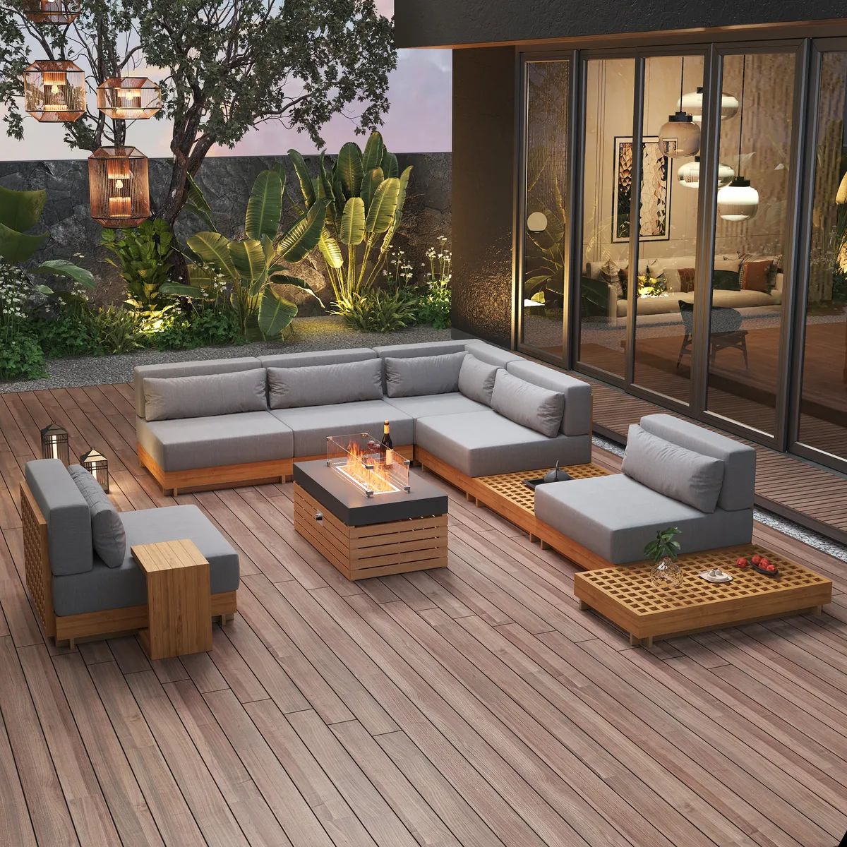 10 PCS Premium Teak Modular L-Shaped Outdoor Sofa Set with Fire Pit & Teak Coffee Table Large Outdoor & Patio Luxury Teak Sofa Set with Fire Pit — image 11