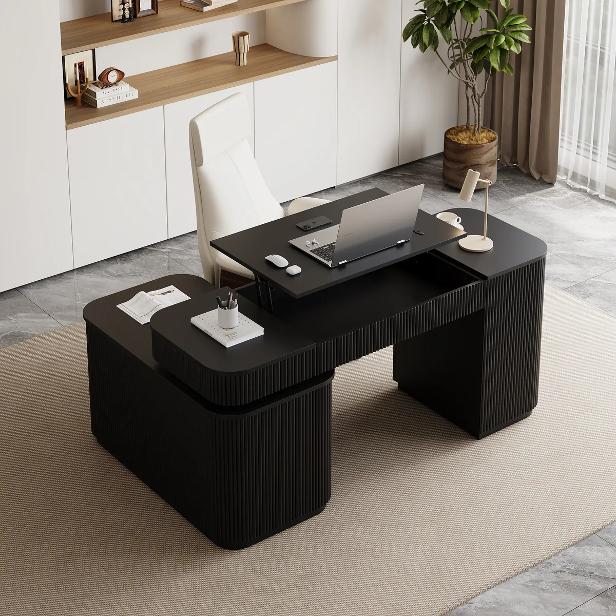 Modern 65" L-Shape Natural Executive Desk with Right-Side Cabinet