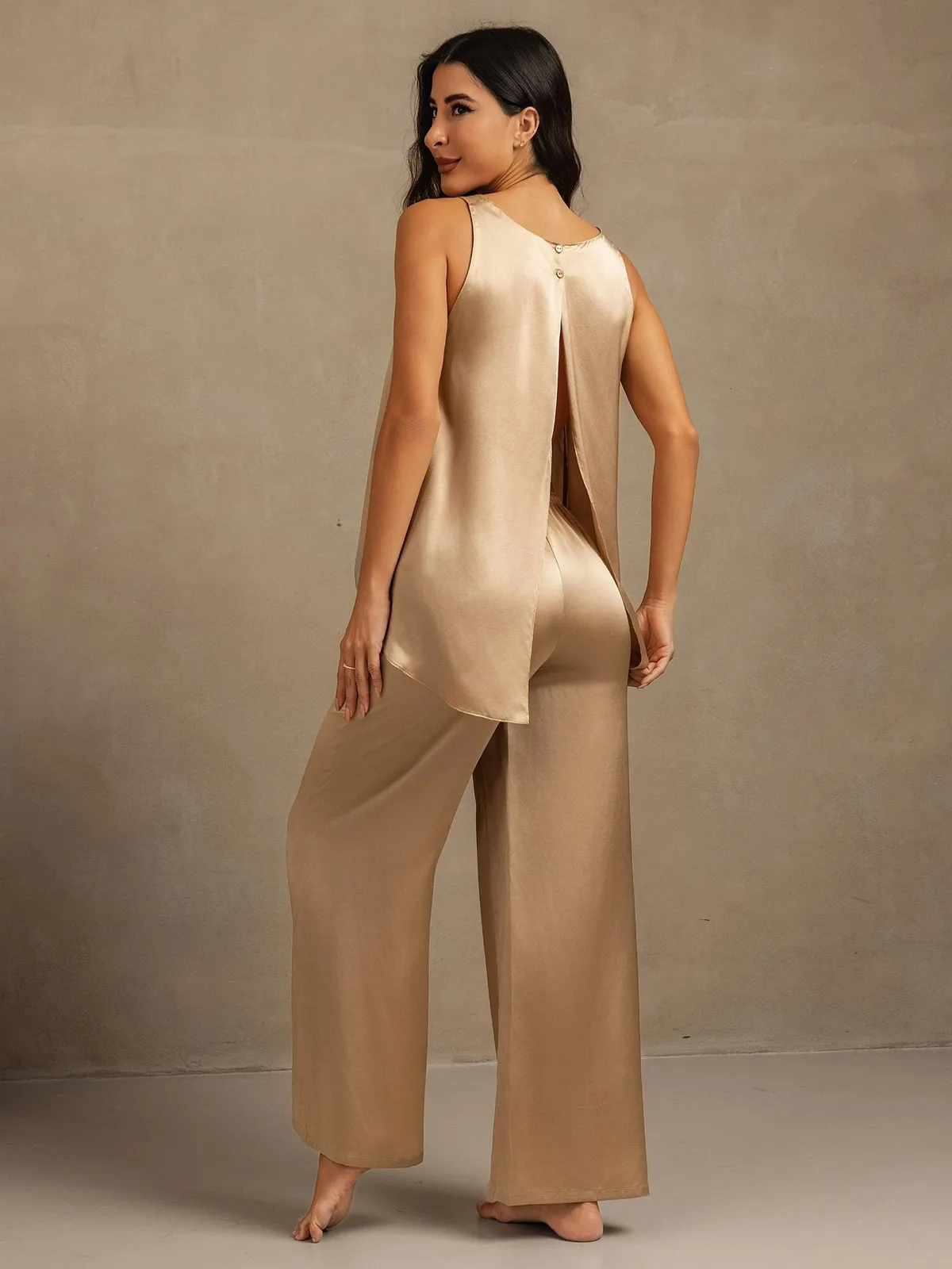 100% Mulberry Silk Sleeveless U-Neck Backless High-low Tank Top & Wide Leg Pants Set