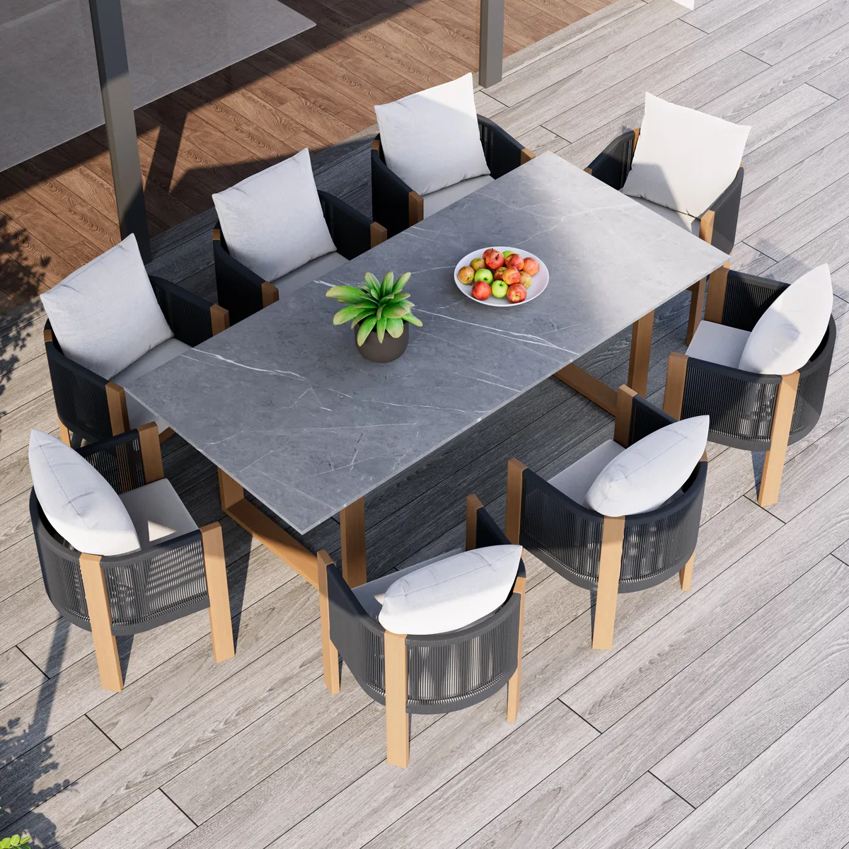 7 PCS 70.9" Faux Marble Outdoor Dining Table Set with Woven Rope Chairs in Gray for 6 Person Patio & Yard Large Marble Outdoor Dining Table with Chair — image 13