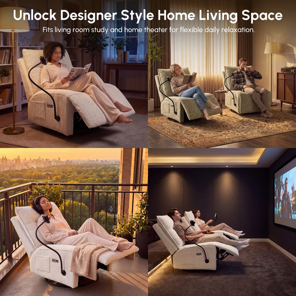 Performance Linen Power Swivel Rocker Recliner Accent Chair with Phone Holder — image 6