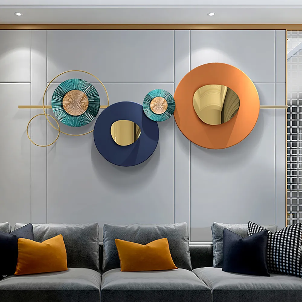 Modern Round Metal Wall Art 59" x 23" Geometric Decor in Orange & Gold & Blue Living Room — image 4