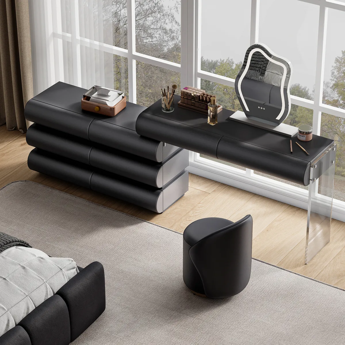modern white PU leather dressing table set with stool and LED mirror — image 5