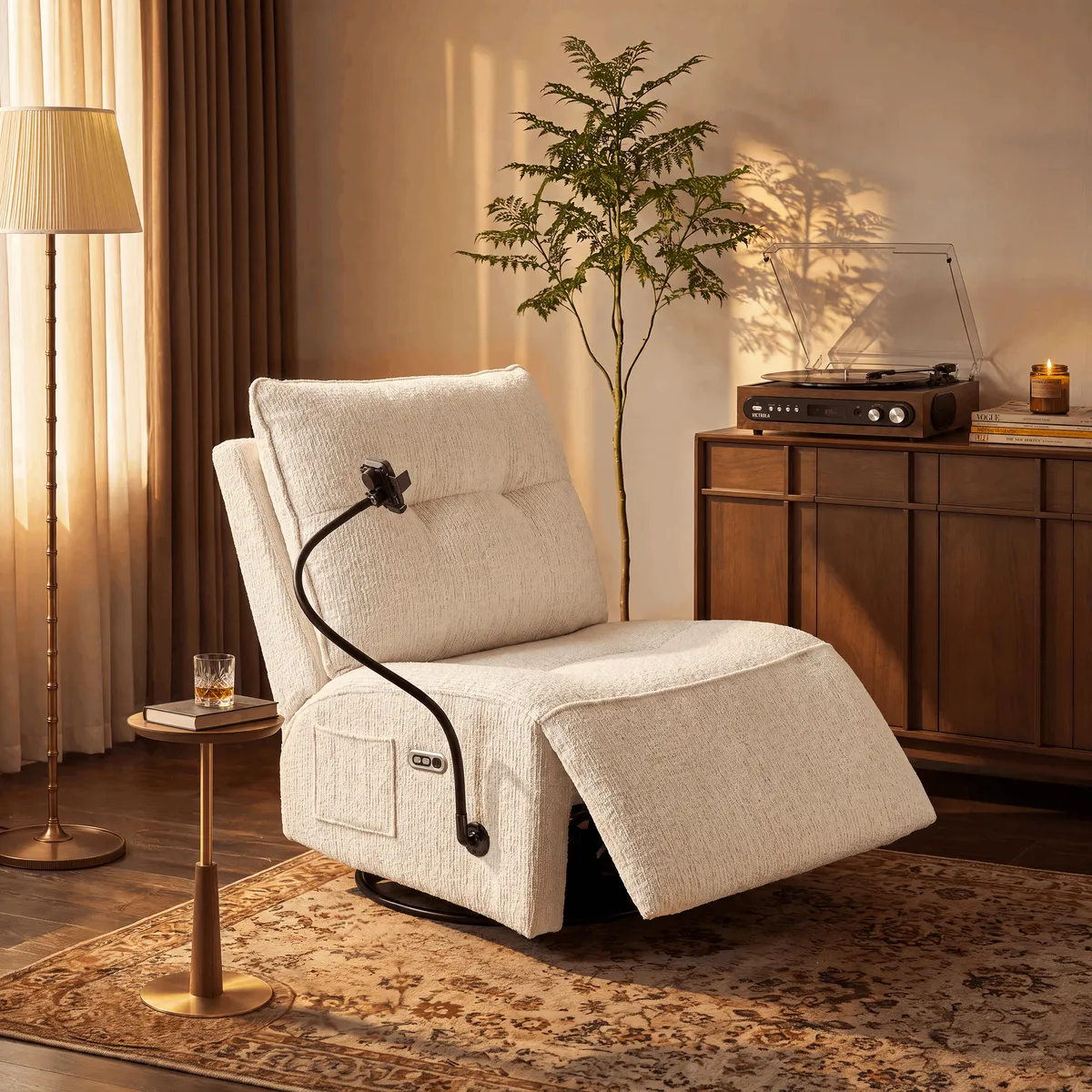 Performance Linen Power Swivel Rocker Recliner Accent Chair with Phone Holder — image 3