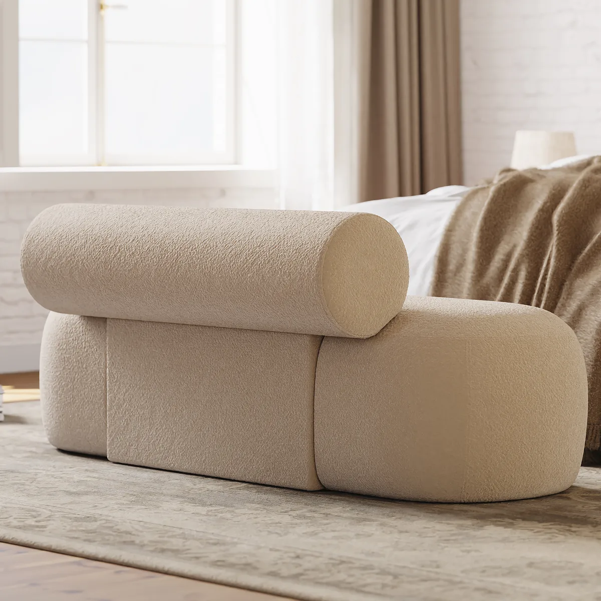 53"W Modern Boucle Bedroom Bench Chaise Lounge with Back — image 3