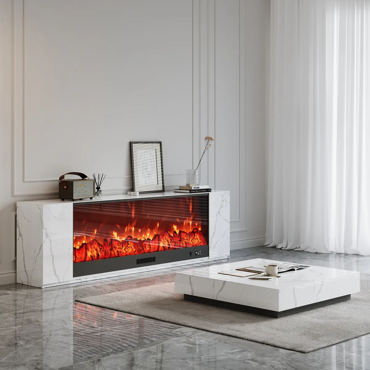 87" Modern White Marble Veneer Sintered Stone Electric Fireplace TV Stand with Remote Control Temperature Adjustable Coffee Table Set — image 9