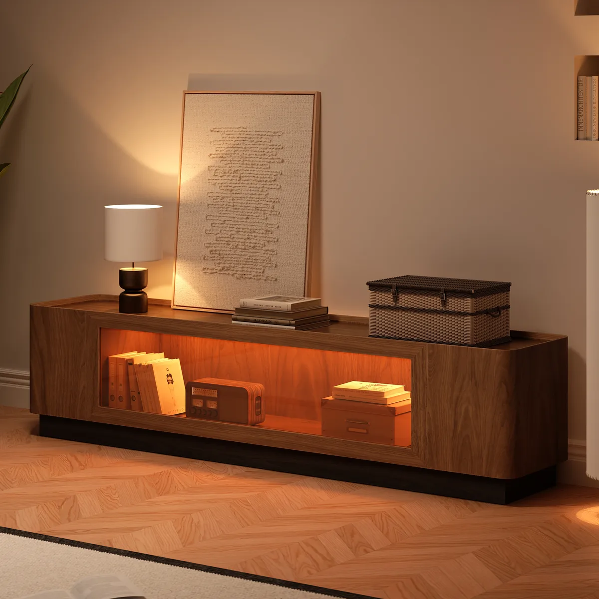 79'' Glass Door TV Stand Mid Century Modern Wood Media Console with Storage & LED — image 21