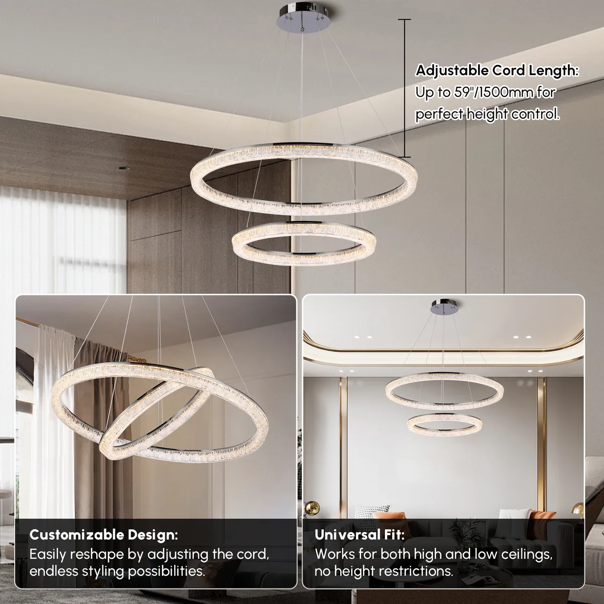 Modern Double Ring LED Chandelier – 31.5", Adjustable Suspension, 3-Color Dimmable — image 5
