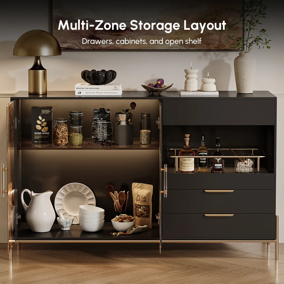 Dolawn Modern 55.1" Black Sideboard Buffet Tempered Glass Doors & Shelf Tray Wine Rack — image 6