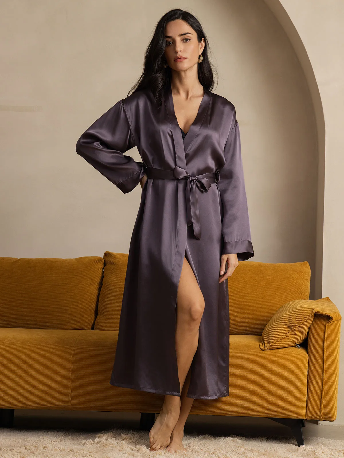Women's 100% Mulberry Silk Long Sleeve Midi Wrap Robe — image 5