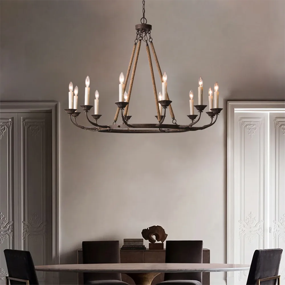 Bever Vintage 12-Light Candelabra Wagon Wheel Chandelier with Flaxen Hemp Rope — image 4