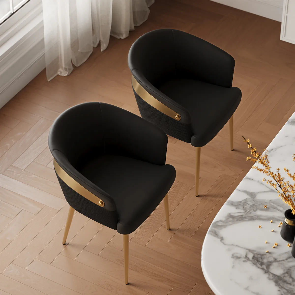 Modern Black PU Leather Dining Chair Curved Back with Gold Legs — image 11