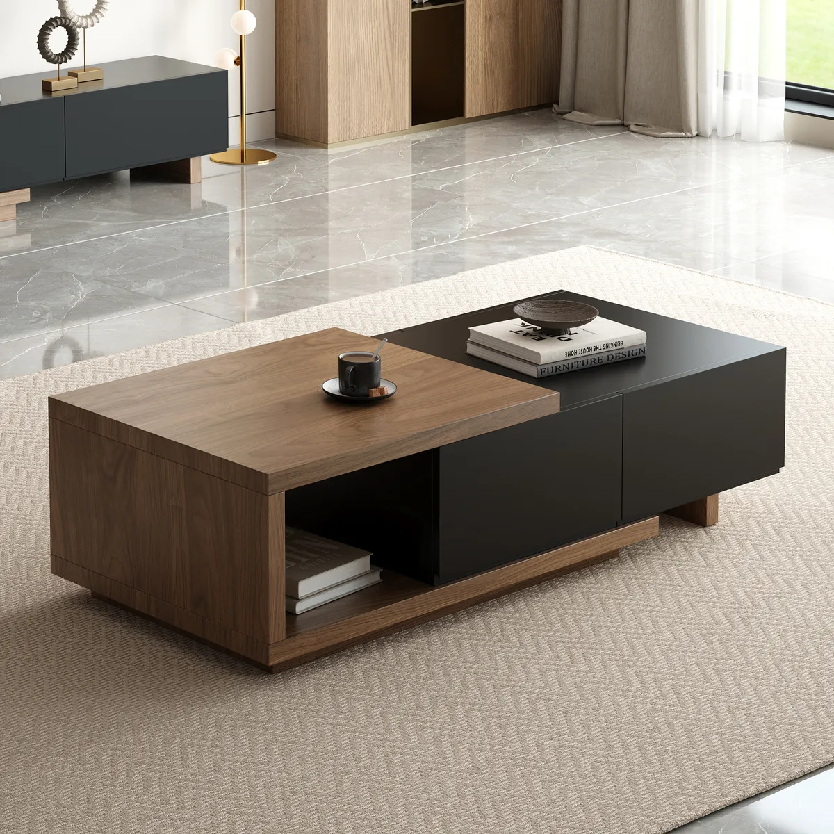 Quoint 68.9" Modern White Coffee Table Retracted & Extendable with 2-Drawer — image 3