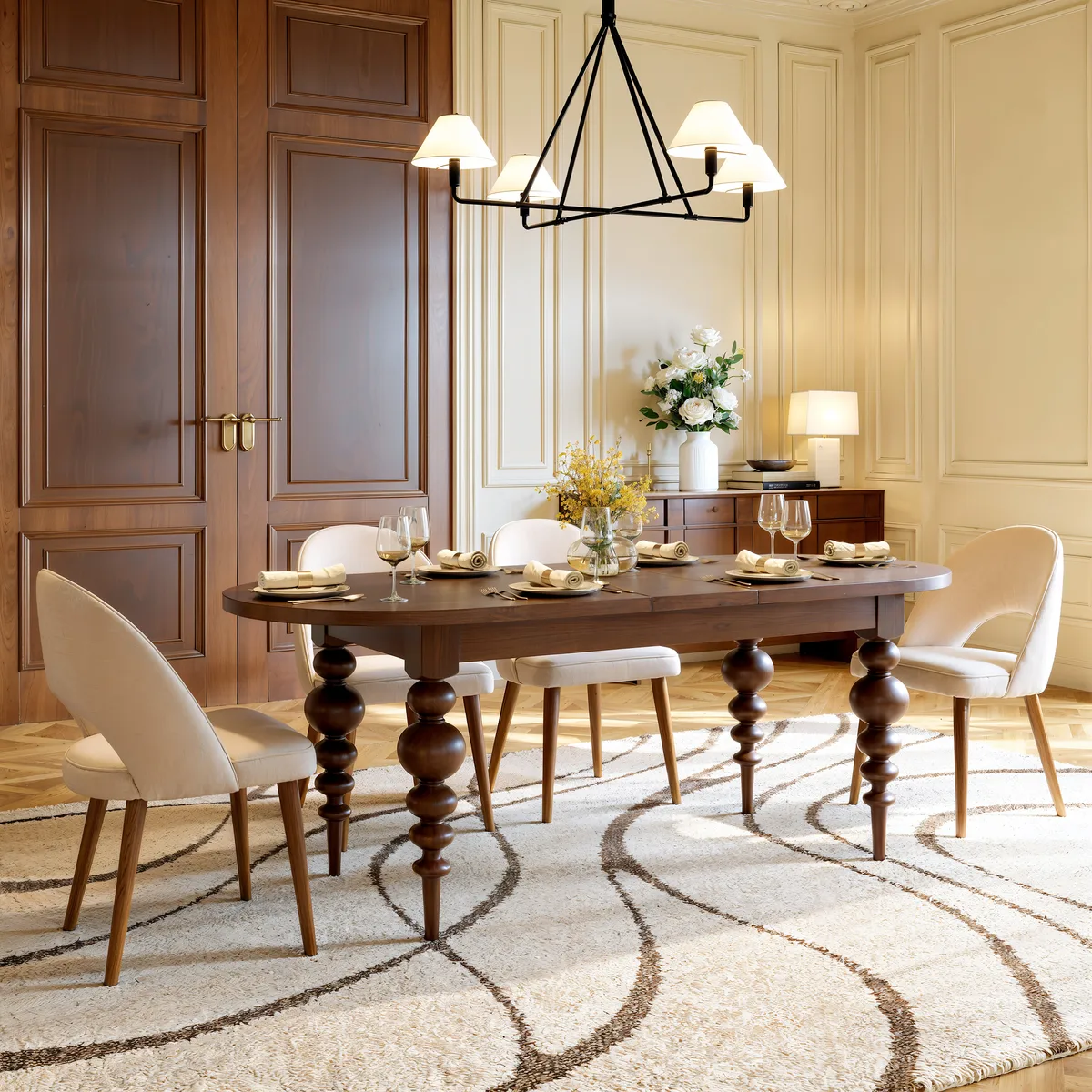 67"-79" Mid-Century Dining Table Oval Extendable Walnut Table for 4-8 Person with Turned Legs — image 13