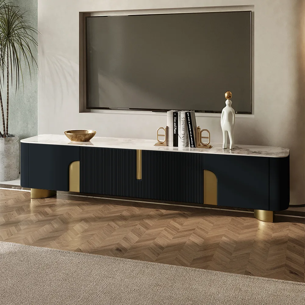 78.7" Stone Top Beige & Gold TV Stand with 4 Doors and Storage — image 12