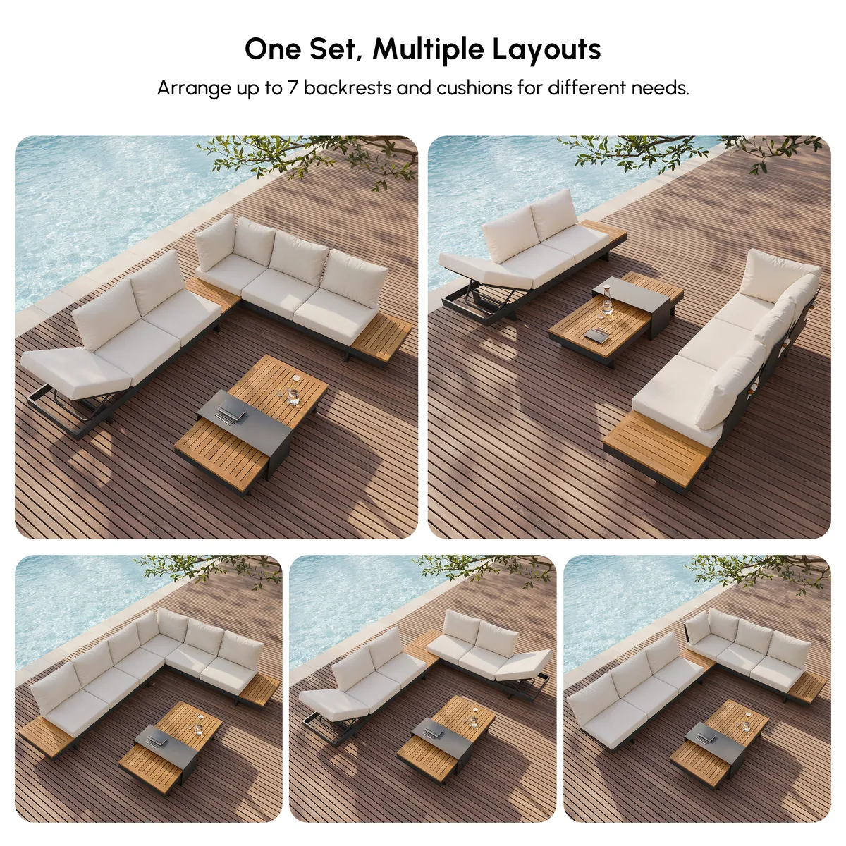 Tevara 47" 5-Pieces Modular Teak Outdoor Sofa Set with Smokeless Fire Pit for 6 Person — image 25