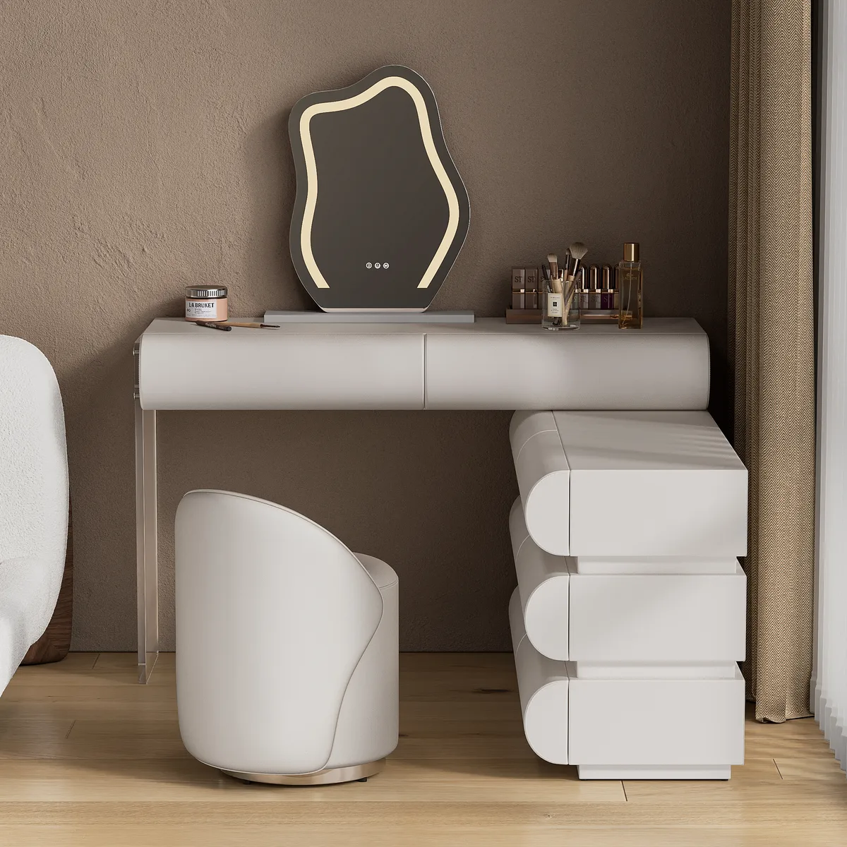 modern white PU leather dressing table set with stool and LED mirror — image 23