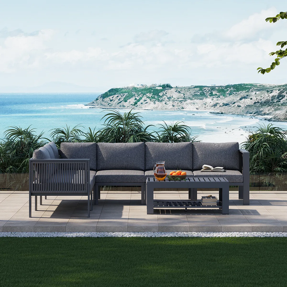 Fencura 7-Piece Outdoor Aluminum & Rope Weave Modular Sectional Set in Dark — image 2