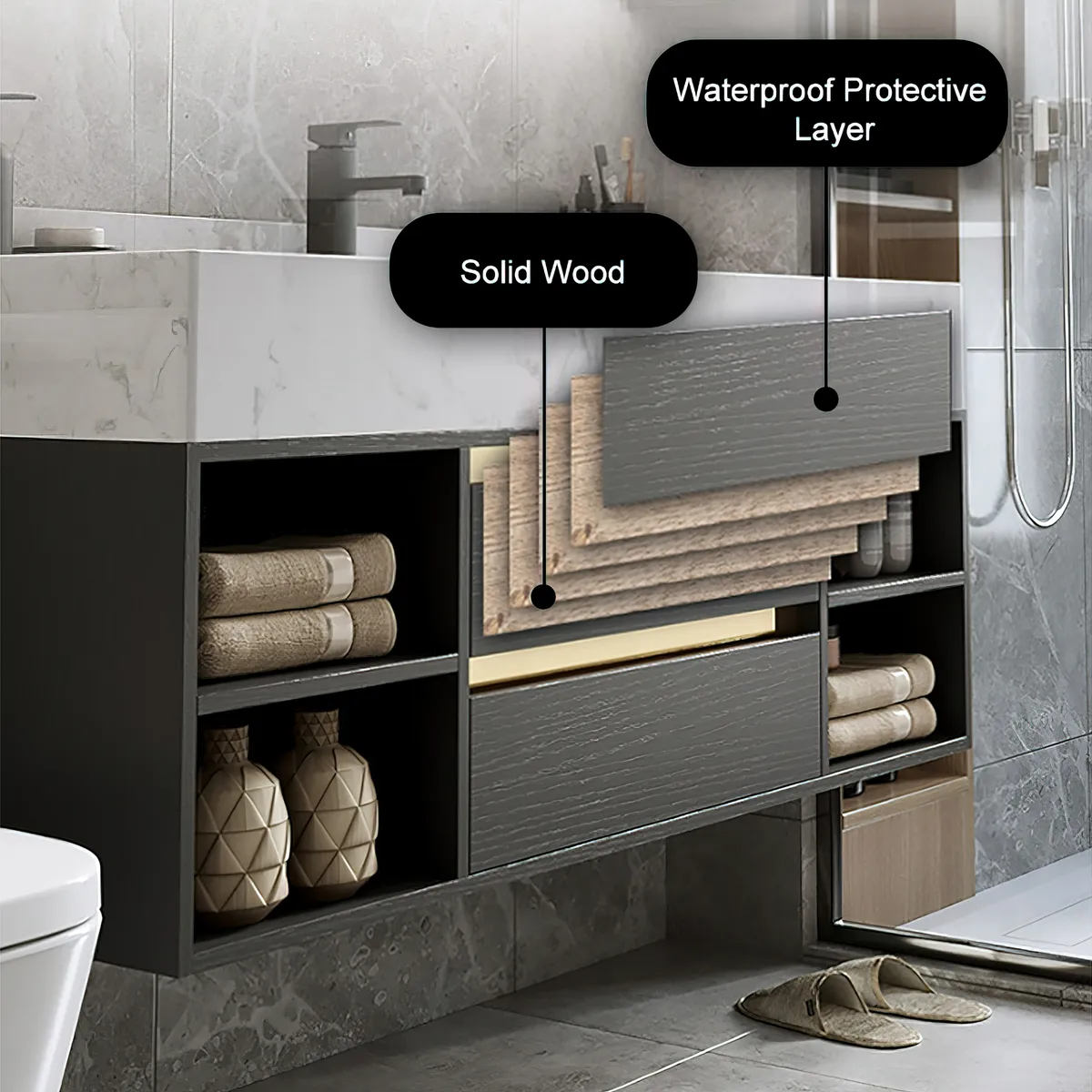 39.4" Floating Bathroom Vanity Set Cultured Marble Black with Ceramic Sink & 2 Drawers — image 7