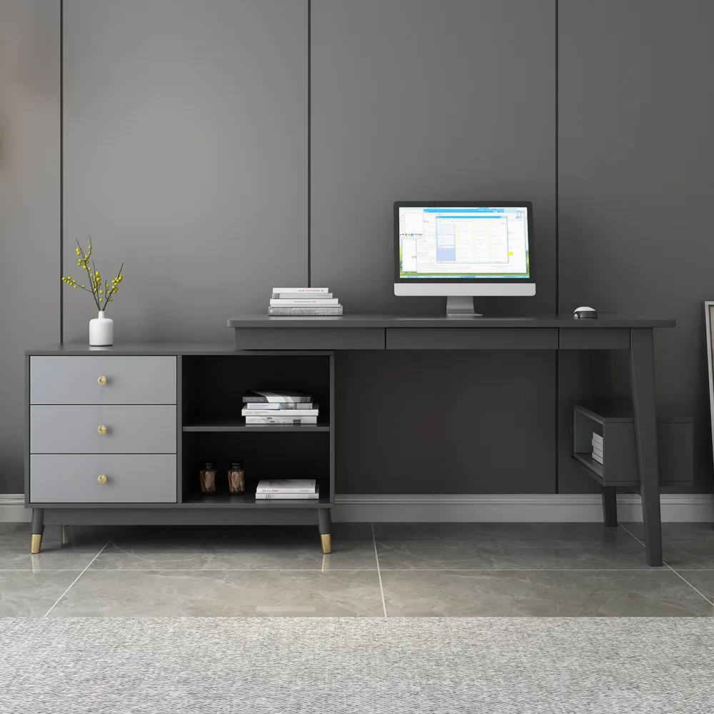 Ultic Gray Reversible L-Shaped Desk & Faux Leather Office Chair Set with Wheels — image 6