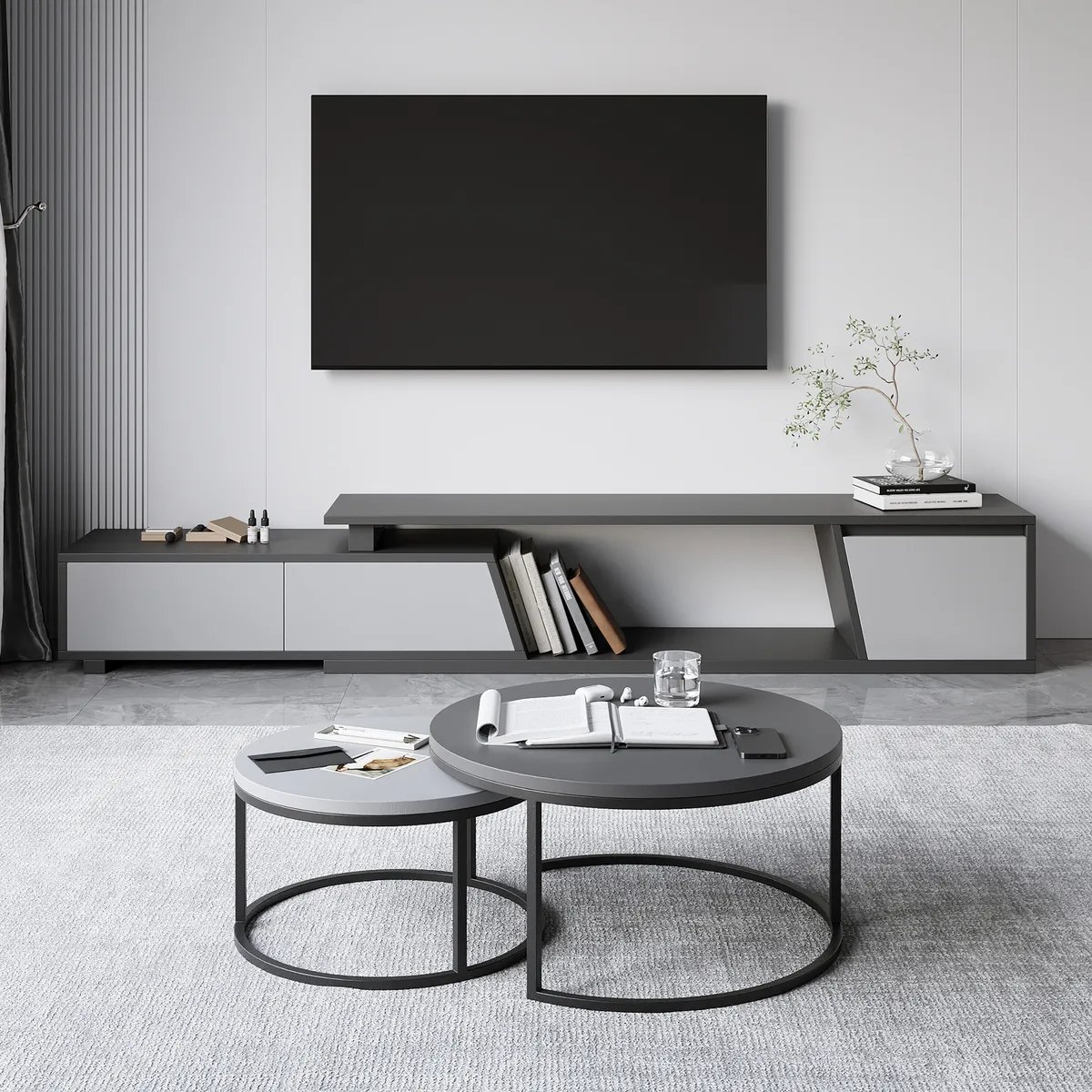 Living Room Cabinet Set Rectangle Gray Extendable TV Stand & Wood Round Nesting Coffee Table — image 12