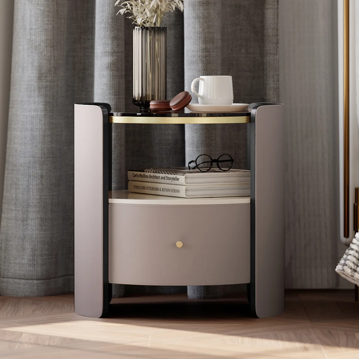 Modern Round Gray Leather Nightstand with Glass Top & Sintered Stone Bedside