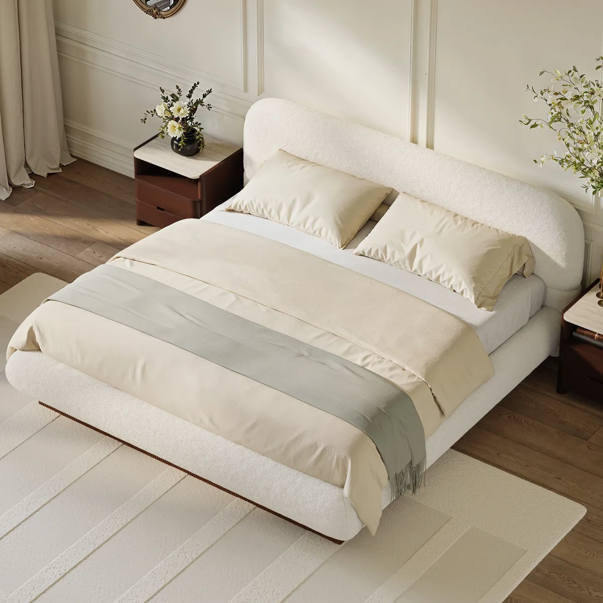 Modern Boucle Upholstered Bed with Charging Station & Fluted Base — image 3