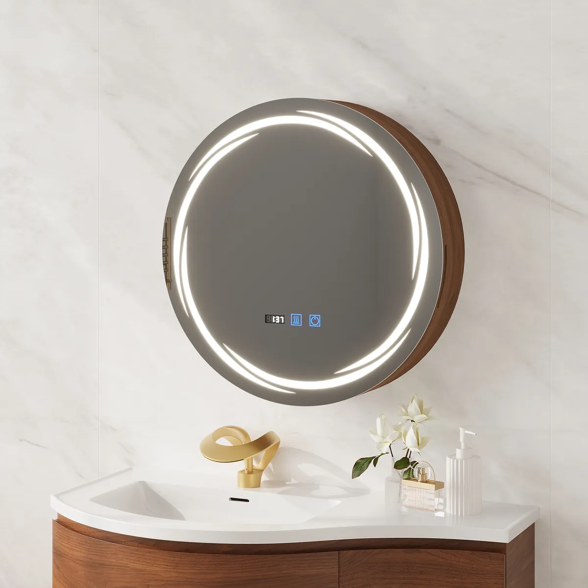 24" Round LED Walnut Medicine Cabinet with Storage, Anti-Fog, Dimmable — image 21