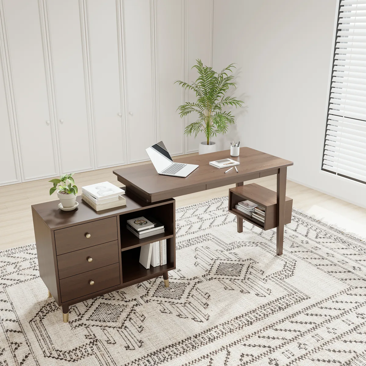 Ultic Gray Reversible L-Shaped Desk & Faux Leather Office Chair Set with Wheels — image 24