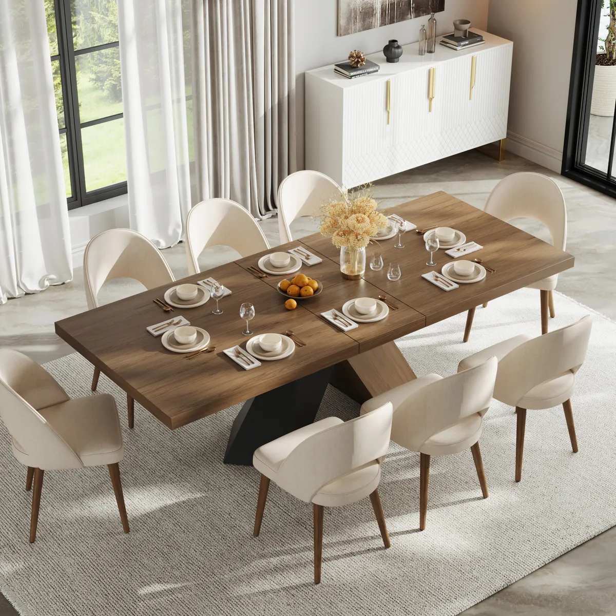 Dining Table Set 64"-79" Rectangle Extendable Dining Table & 4 Archic Japandi Rattan Dining Chairs — image 23